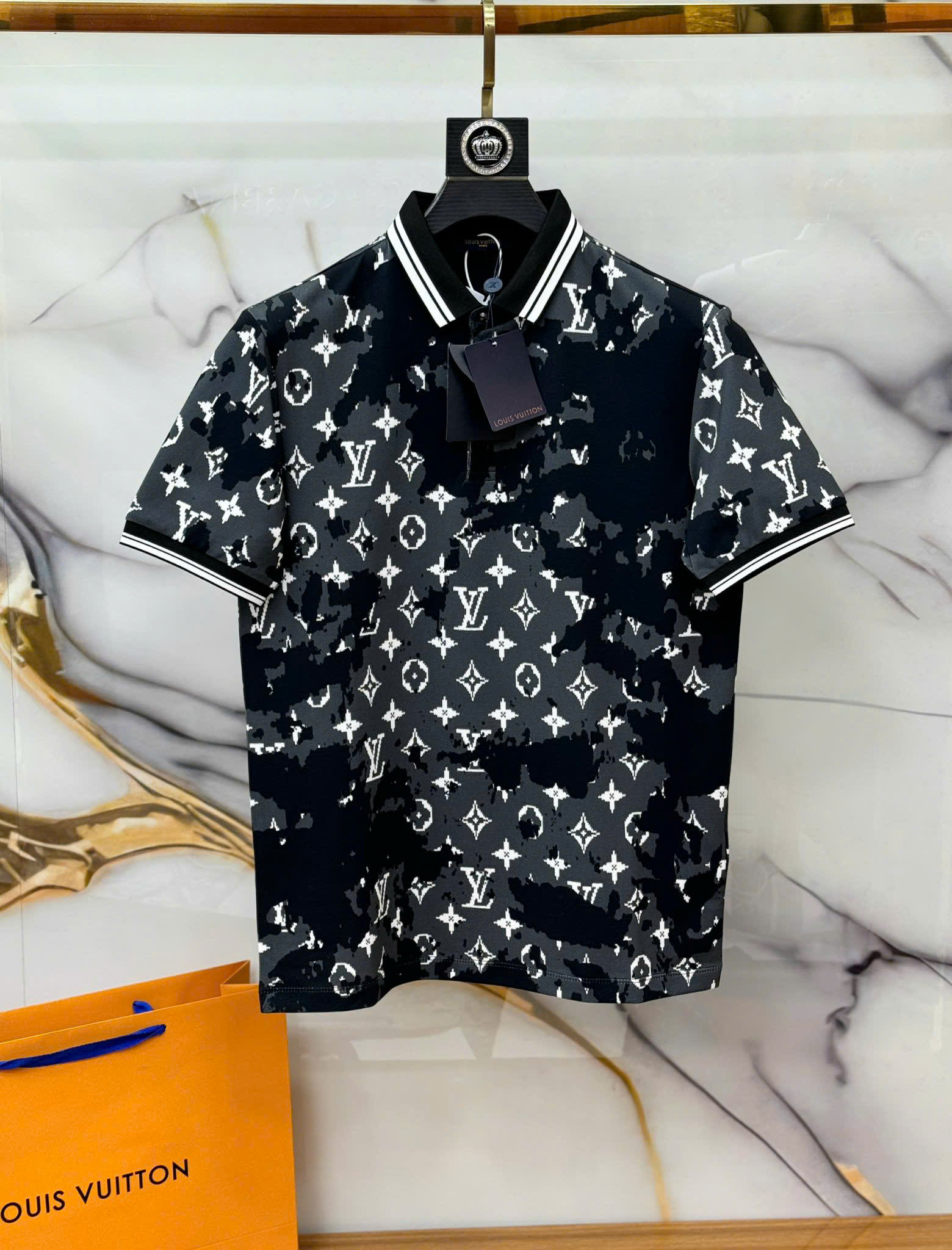 Áo polo Louis Vuitton LV Đen loang Xám họa tiết hoa vân logo LV Trắng Like Auth 1-1 on web CD MK